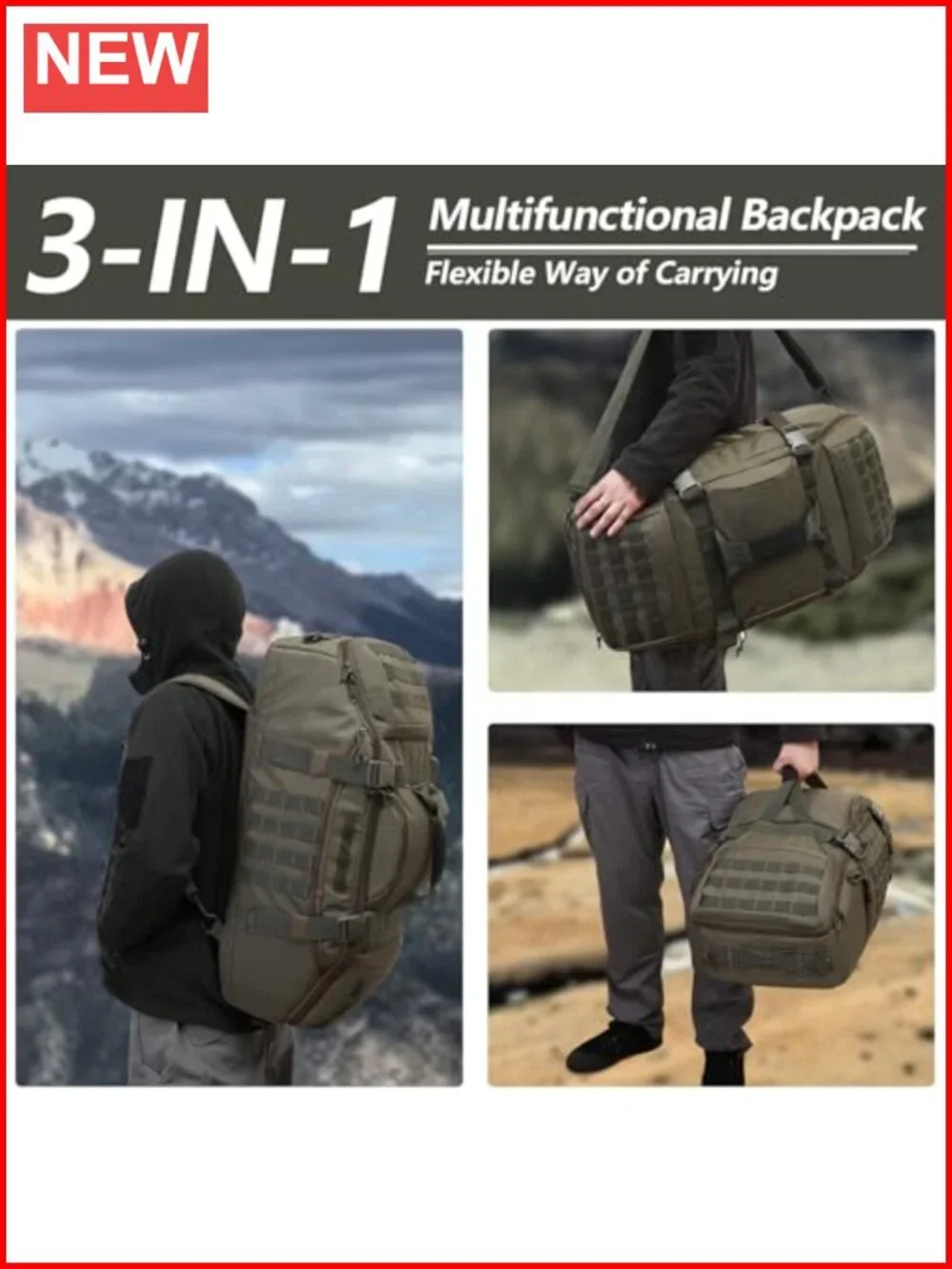 55L Large Tactical Duffle Bag, 3-in-1 MOLLE Pack for Sports Gym Outdoor